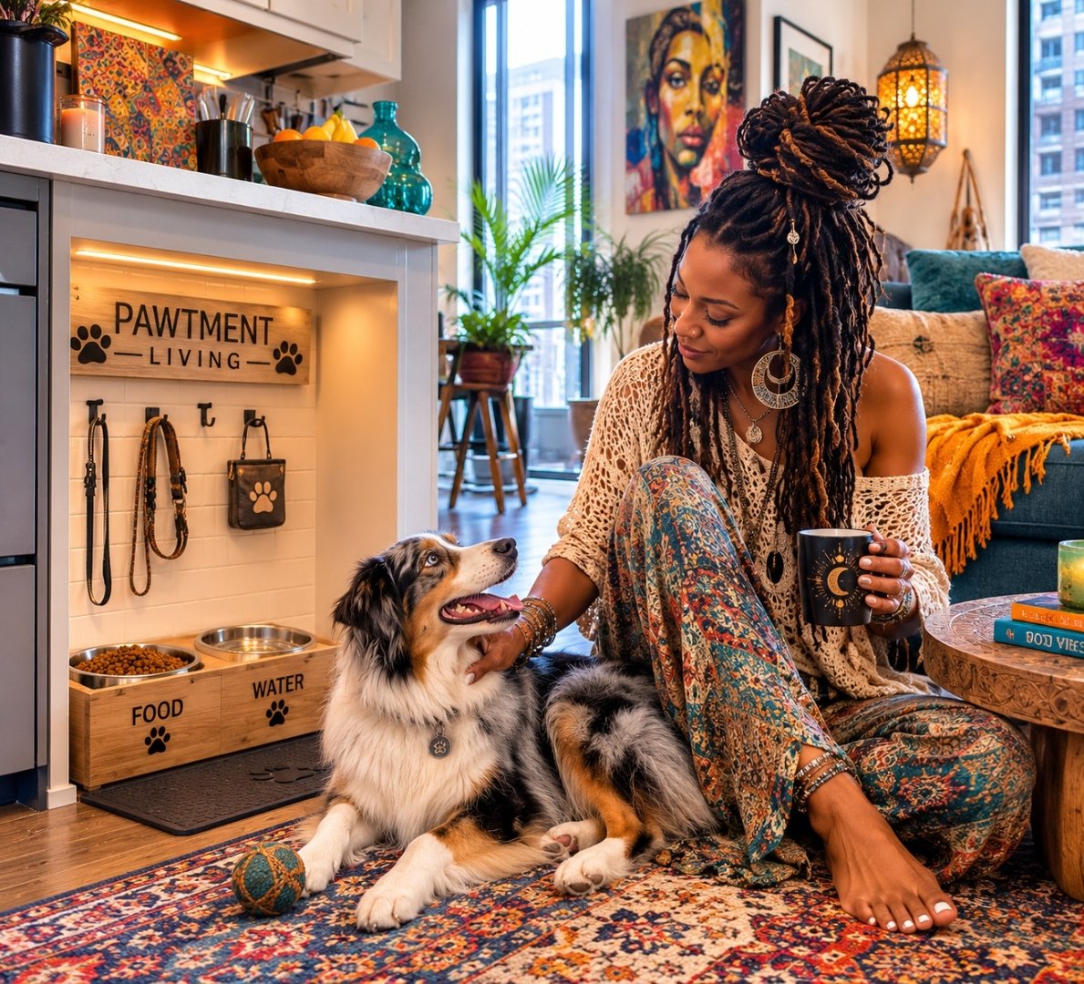 Cozy apartment living room with a woman and her dog near the Pawtment Living pet station